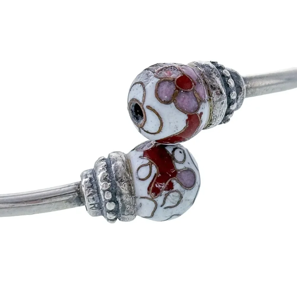 Vintage Sterling Silver 925 Cloisonné Floral Bead Cuff Bracelet 6.5